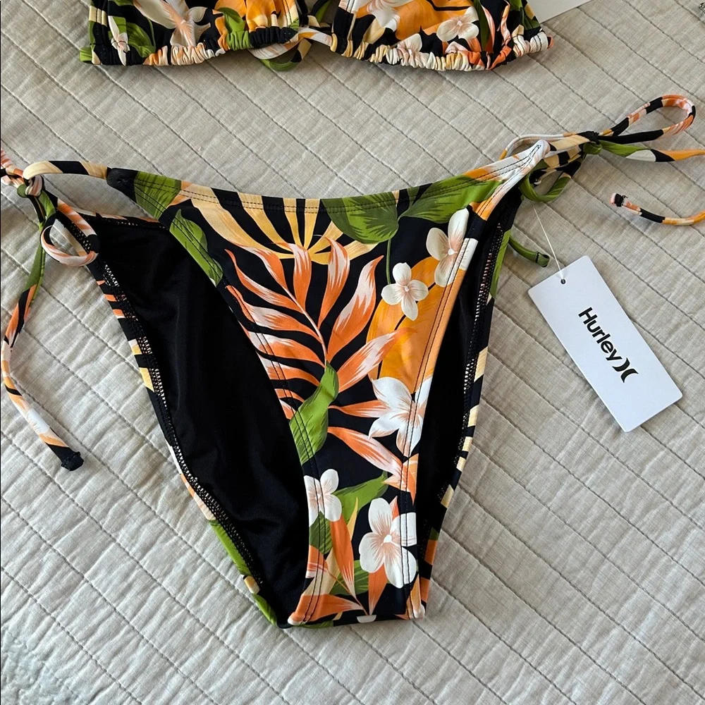 NWT Hurley black tropical floral triangle halter top tie side bikini set Large - Picture 2 of 10